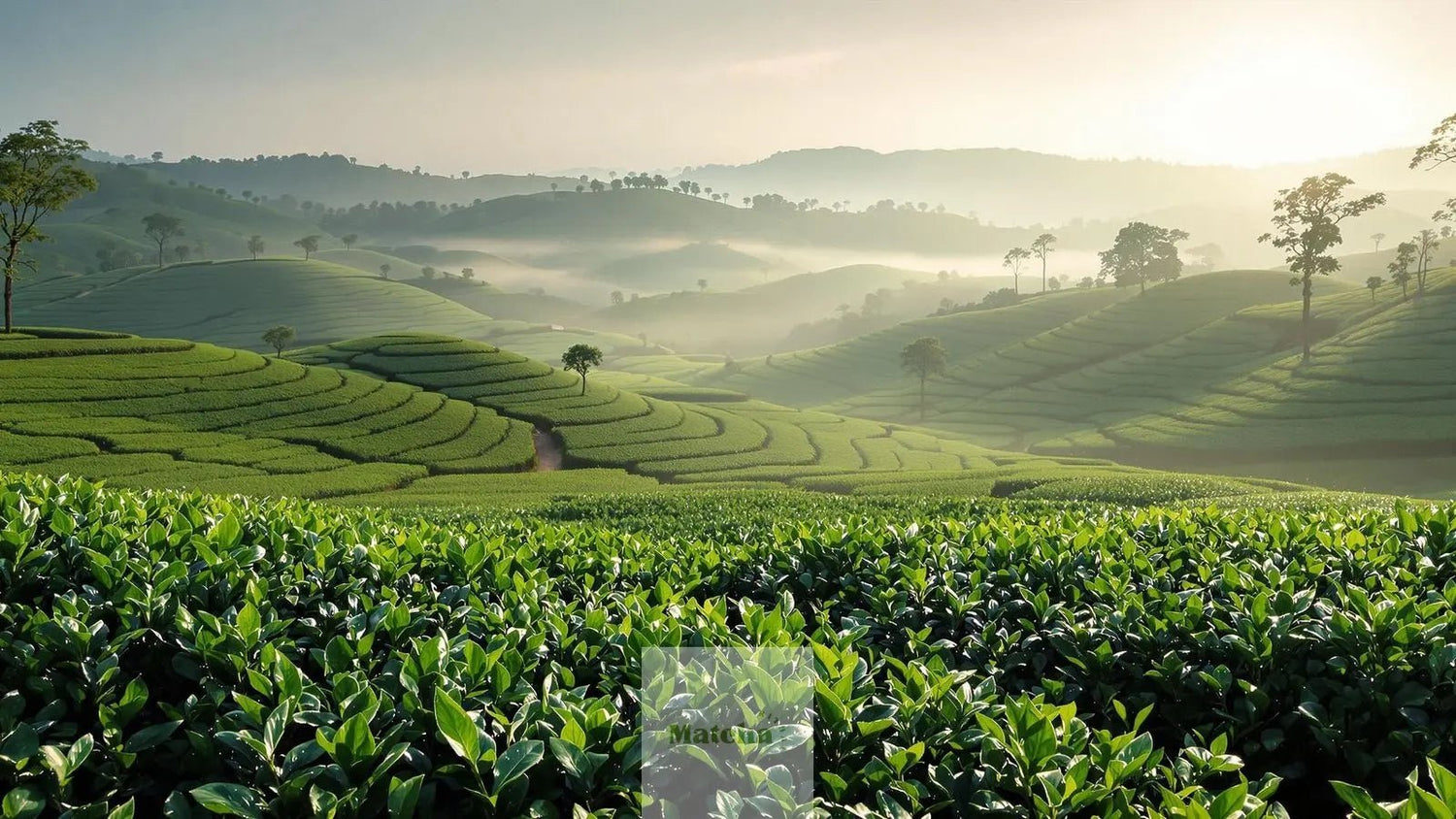 Imge de thé matcha d'Uji au petit matin avec une légere brume