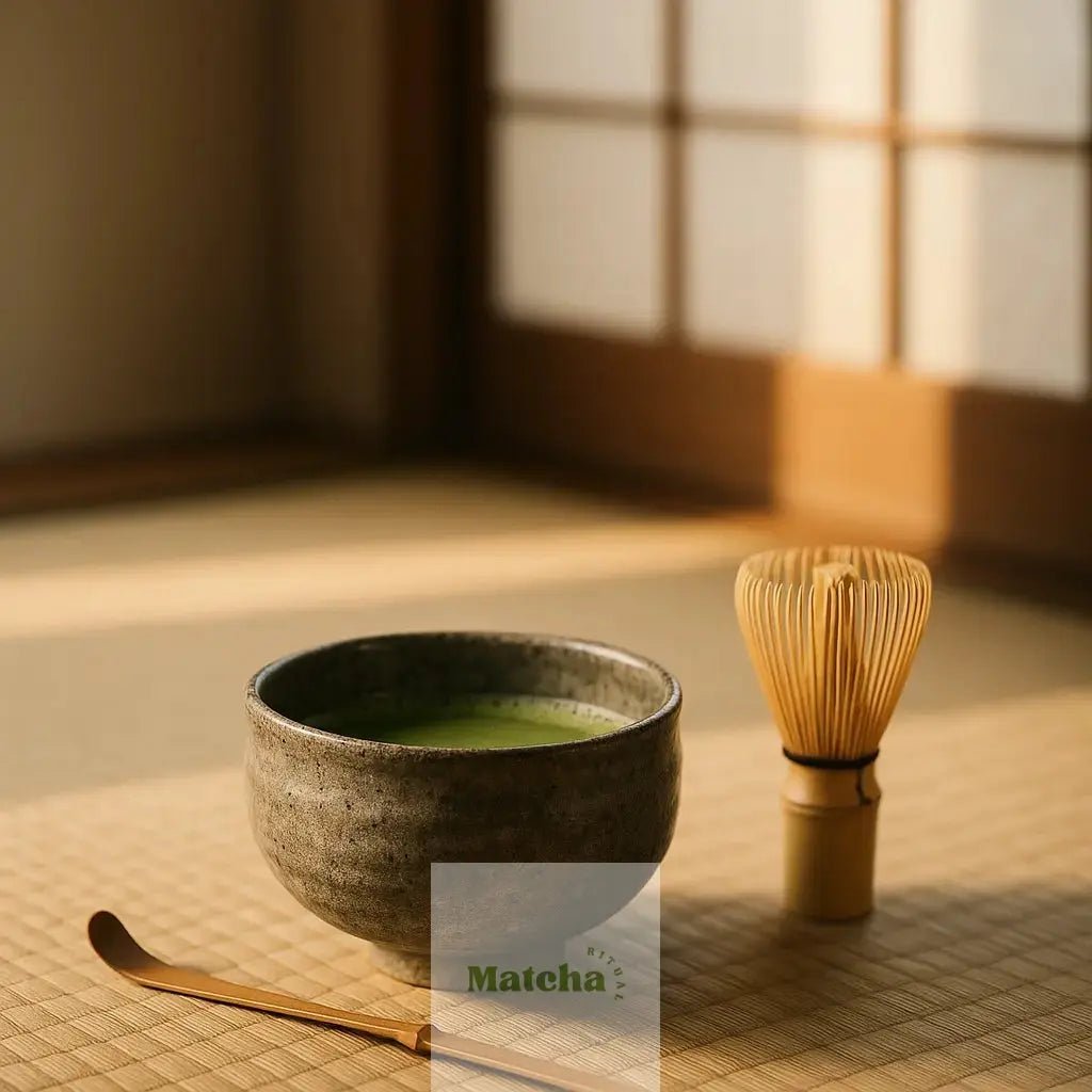 preparatif pour la cérémonie du matcha avec bol , fouet,et cuillere