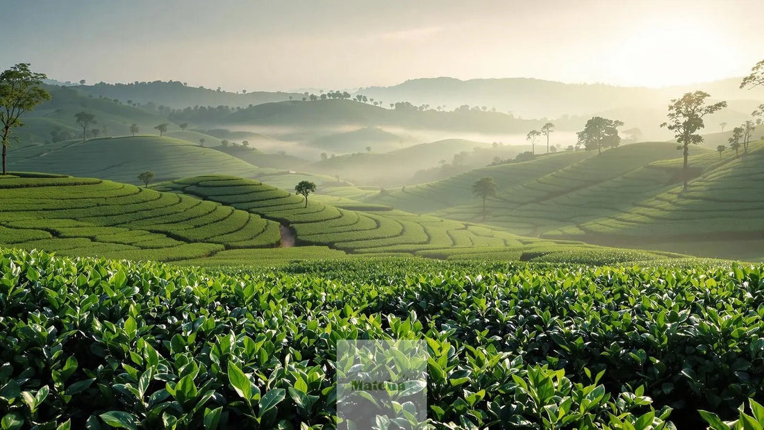 Imge de thé matcha d'Uji au petit matin avec une légere brume