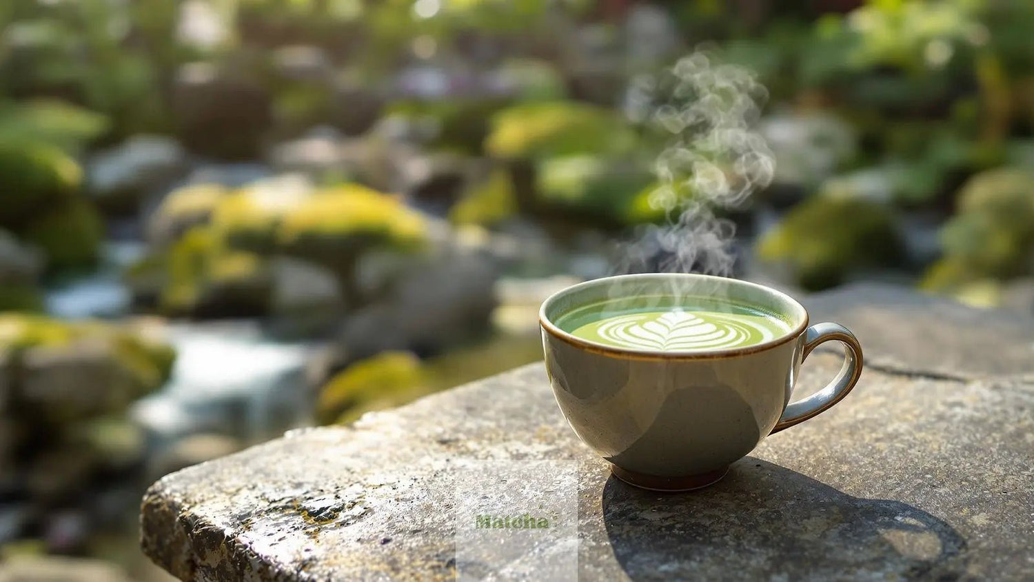 tasse de matcha latte dans une ambiance zen