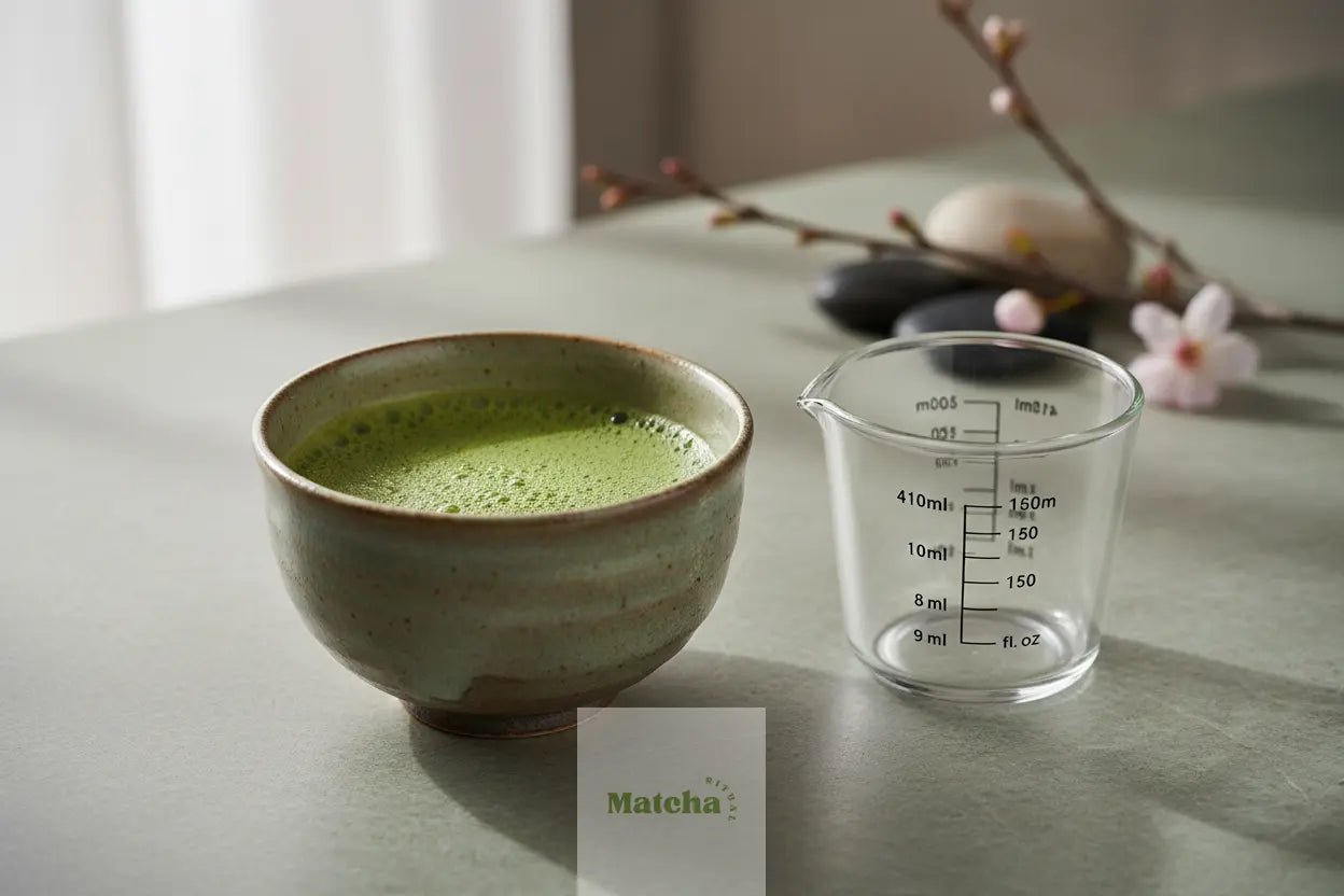 Bol de matcha avec verre doseur pour calculer les doses